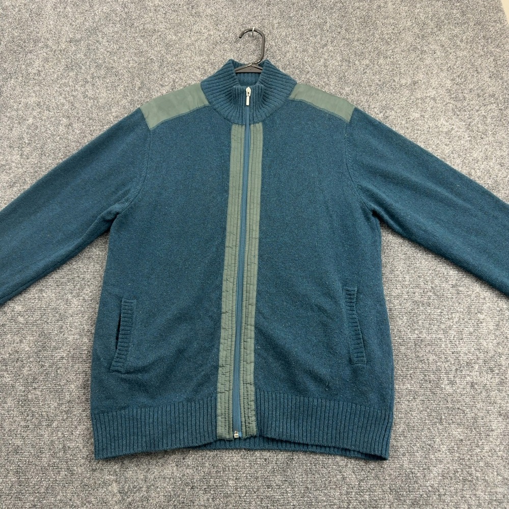 Oxford Cardigan‎ Mens XL Teal Lambswool Full Zip Elbow Patch Mock Neck Outdoor